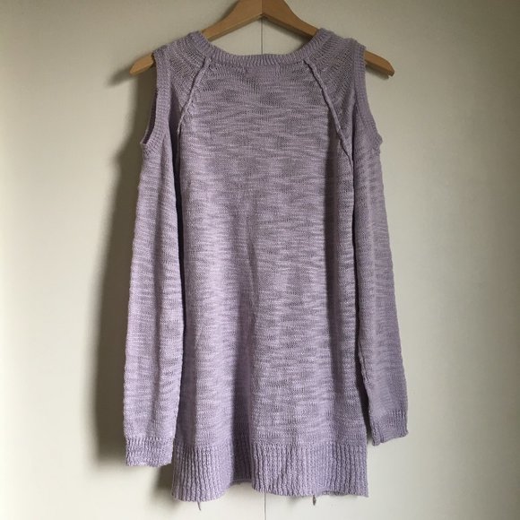 Pastel Purple Fringed Cold Shoulder Knit Sweater - Picture 2 of 15